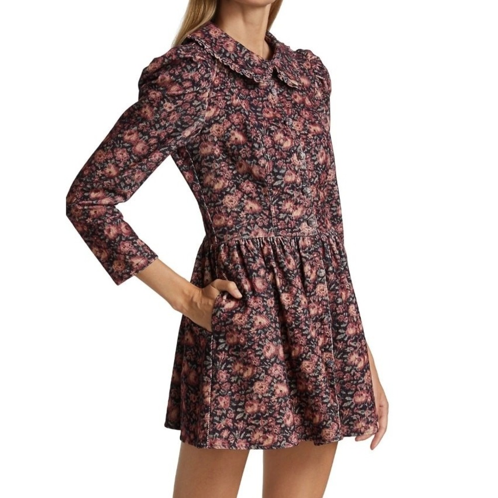 Love Shack Fancy Beyers Dress Brown Floral Puff Sleeve Corduroy Mini Size 6